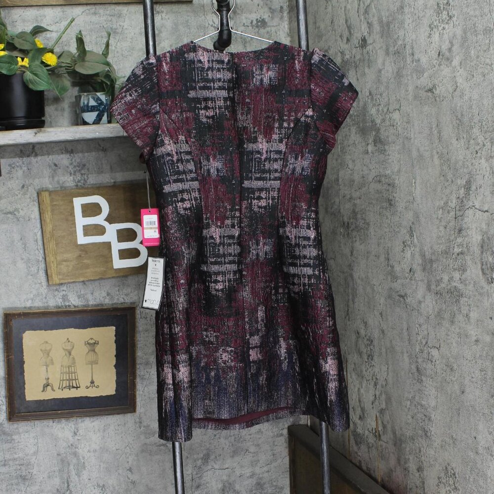 NWT Vince Camuto Jacquard Fit & Flare Puff-Sleeve Dress Wine Red Multi 12 - Picture 5 of 9